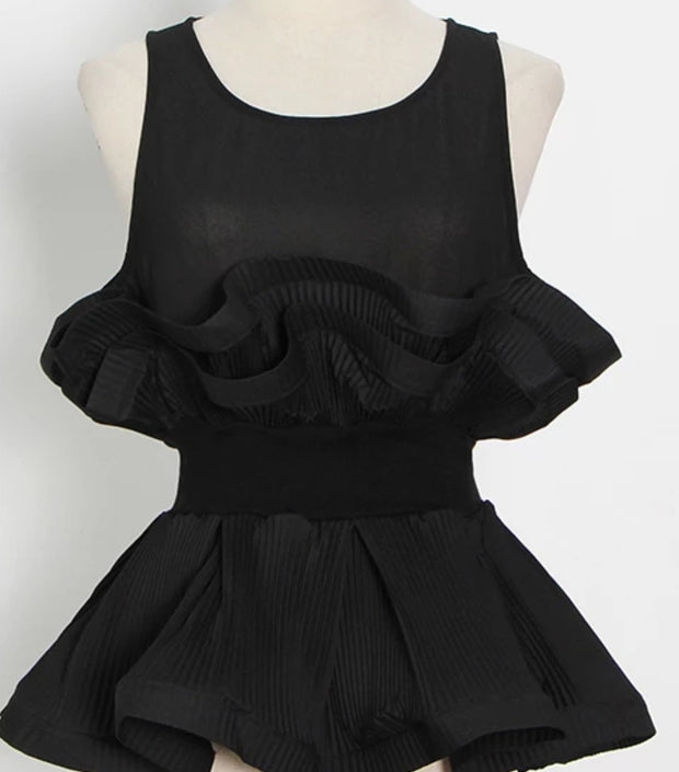 Rufflemania- Double Peplum Detail SLEEVELESS Blouse (BELT IS INCLUDED)