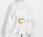 Rufflemania- Double Peplum Detail LONG SLEEVE Blouse (BELT IS INCLUDED)