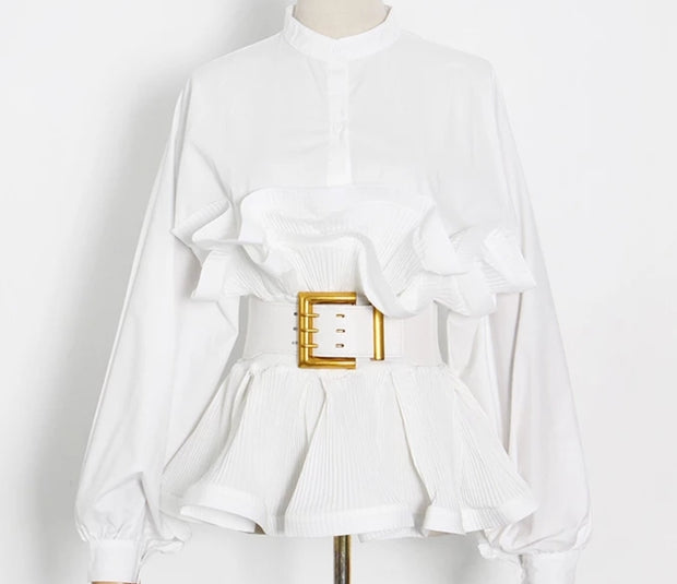 Rufflemania- Double Peplum Detail LONG SLEEVE Blouse (BELT IS INCLUDED)