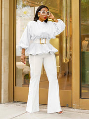 Rufflemania- Double Peplum Detail LONG SLEEVE Blouse (BELT IS INCLUDED)