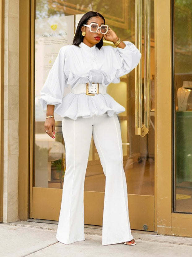 Rufflemania- Double Peplum Detail LONG SLEEVE Blouse (BELT IS INCLUDED)