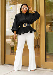Rufflemania- Double Peplum Detail LONG SLEEVE Blouse (BELT IS INCLUDED)