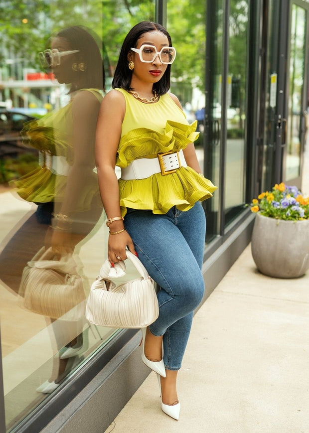 Rufflemania- Double Peplum Detail SLEEVELESS Blouse (BELT IS INCLUDED)