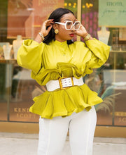 Rufflemania- Double Peplum Detail LONG SLEEVE Blouse (BELT IS INCLUDED)
