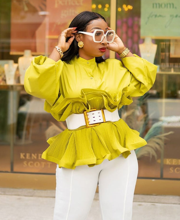 Rufflemania- Double Peplum Detail LONG SLEEVE Blouse (BELT IS INCLUDED)