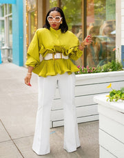 Rufflemania- Double Peplum Detail LONG SLEEVE Blouse (BELT IS INCLUDED)