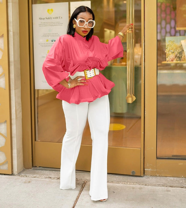 Rufflemania- Double Peplum Detail LONG SLEEVE Blouse (BELT IS INCLUDED)