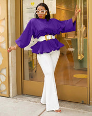 Rufflemania- Double Peplum Detail LONG SLEEVE Blouse (BELT IS INCLUDED)
