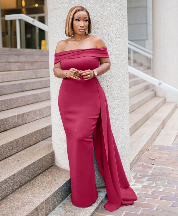 Nova Luxe- Side Train Off Shoulder Dress (FINAL SALE! NO RETURN! NO EXCHANGE!)