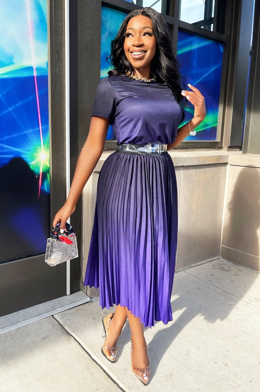 women's ombr belted pleat-skirt long-sleeve dress women's ombr belted pleat-skirt long-sleeve dress FINAL SALE! City Lady- Ombre T-shirt and LONG Pleated Skirt SET (NEW)