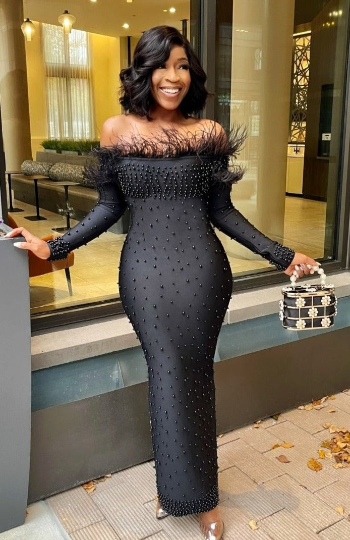 glam glitz dresses Ebony Glitz and Glam- Beaded Feather Bandage Dress (2 colors!)