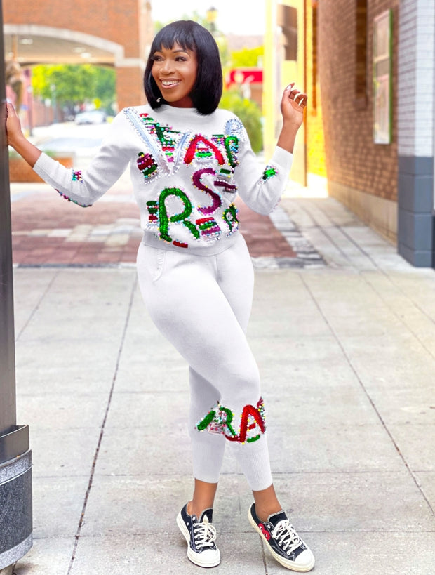 Natasha- 2 pcs Beaded Sequin Sweater Tracksuit Set (NEW)