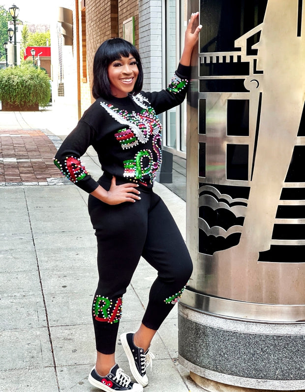 Natasha- 2 pcs Beaded Sequin Sweater Tracksuit Set (NEW)