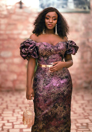 FINAL SALE! Golden Violet Luxe- 2pc Jacquard Dress/Gem Belt (CLEARANCE OUTLET! Final Sale/No Return/No Exchange!)