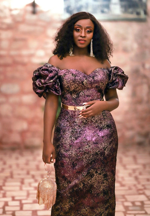 FINAL SALE! Golden Violet Luxe- 2pc Jacquard Dress/Gem Belt (CLEARANCE OUTLET! Final Sale/No Return/No Exchange!)