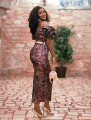 FINAL SALE! Golden Violet Luxe- 2pc Jacquard Dress/Gem Belt (CLEARANCE OUTLET! Final Sale/No Return/No Exchange!)