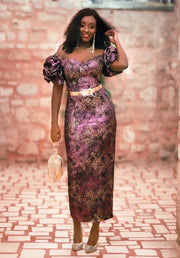 FINAL SALE! Golden Violet Luxe- 2pc Jacquard Dress/Gem Belt (CLEARANCE OUTLET! Final Sale/No Return/No Exchange!)