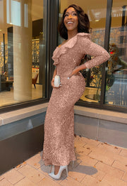 FINAL SALE! Kalysta Luxe- One Sleeve Sequin Floor Length Dress (CLEARANCE OUTLET! Final Sale/No Return/No Exchange!)