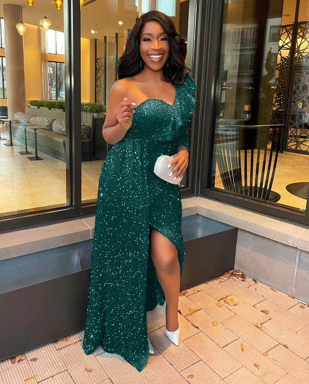 FINAL SALE! Kalysta Luxe- One Sleeve Sequin Floor Length Dress (CLEARANCE OUTLET! Final Sale/No Return/No Exchange!)