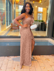 FINAL SALE! Kalysta Luxe- One Sleeve Sequin Floor Length Dress (CLEARANCE OUTLET! Final Sale/No Return/No Exchange!)