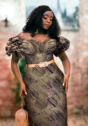 FINAL SALE! Golden Violet Luxe- 2pc Jacquard Dress/Gem Belt (CLEARANCE OUTLET! Final Sale/No Return/No Exchange!)