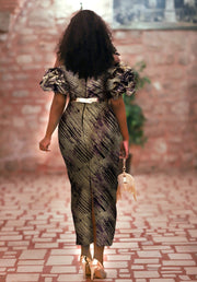FINAL SALE! Golden Violet Luxe- 2pc Jacquard Dress/Gem Belt (CLEARANCE OUTLET! Final Sale/No Return/No Exchange!)