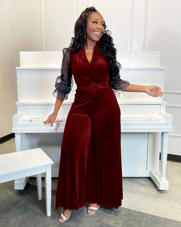 Monabella- Velvet Pleat Jumpsuit/Belt SET (NEW)