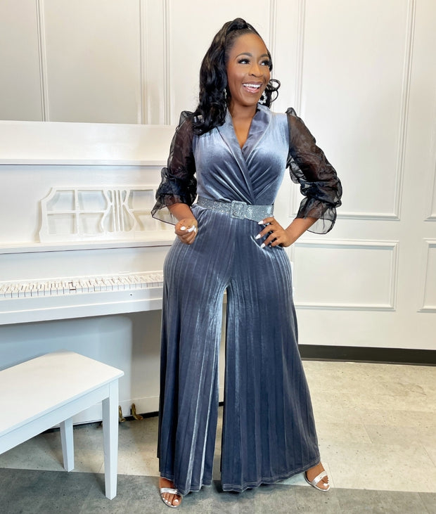 Monabella- Velvet Pleat Jumpsuit/Belt SET (NEW)