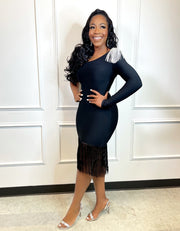 FINAL SALE! Leylah Fringe- One Sleeve Rhinestone Embellished Bandage Dress (CLEARANCE OUTLET! Final Sale/No Return/No Exchange!)