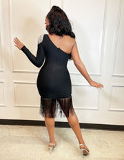FINAL SALE! Leylah Fringe- One Sleeve Rhinestone Embellished Bandage Dress (CLEARANCE OUTLET! Final Sale/No Return/No Exchange!)