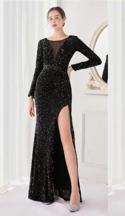 discount sequin dresses Plunging Sequin Gown with High Slit and Open Back 43623