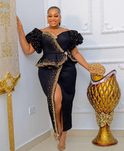 FINAL SALE! Midnight Elegance Luxe- Blinged Peplum Dress (CLEARANCE OUTLET! Final Sale/No Return/No Exchange!)