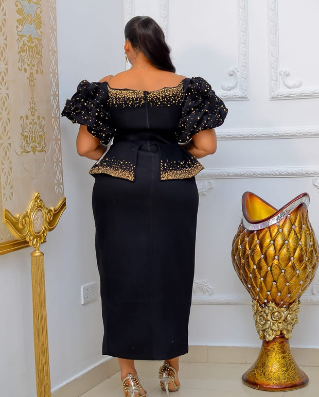 FINAL SALE! Midnight Elegance Luxe- Blinged Peplum Dress (CLEARANCE OUTLET! Final Sale/No Return/No Exchange!)