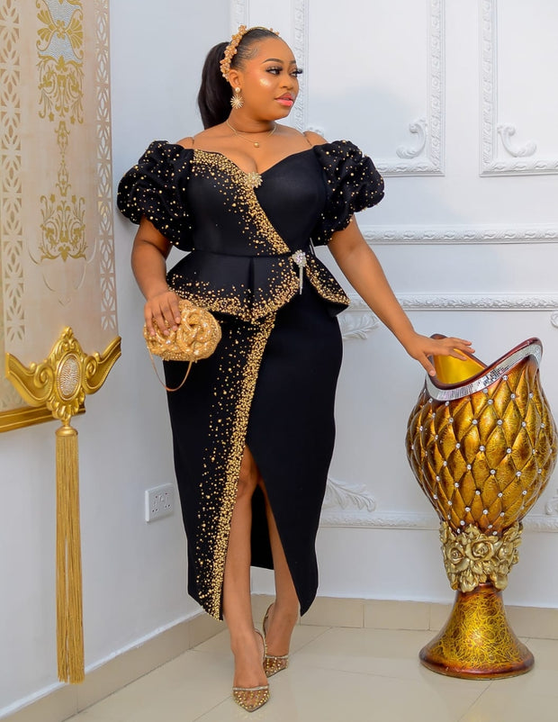 FINAL SALE! Midnight Elegance Luxe- Blinged Peplum Dress (CLEARANCE OUTLET! Final Sale/No Return/No Exchange!)