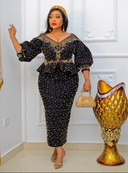 FINAL SALE! Enchanting Beauty Luxe- Mesh Peplum Dress with 3D Gemstone/Beads (CLEARANCE OUTLET! Final Sale/No Return/No Exchange!)
