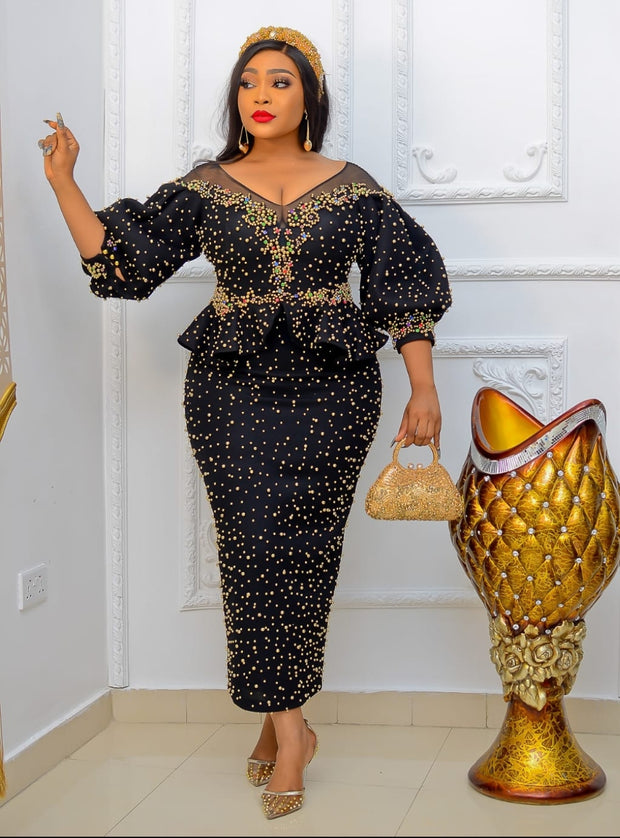 FINAL SALE! Enchanting Beauty Luxe- Mesh Peplum Dress with 3D Gemstone/Beads (CLEARANCE OUTLET! Final Sale/No Return/No Exchange!)