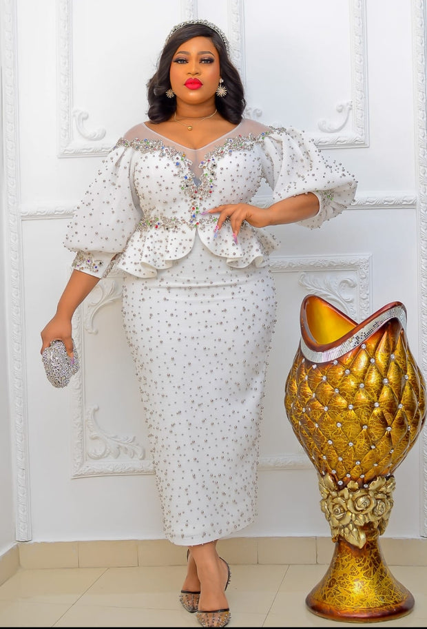 FINAL SALE! Enchanting Beauty Luxe- Mesh Peplum Dress with 3D Gemstone/Beads (CLEARANCE OUTLET! Final Sale/No Return/No Exchange!)