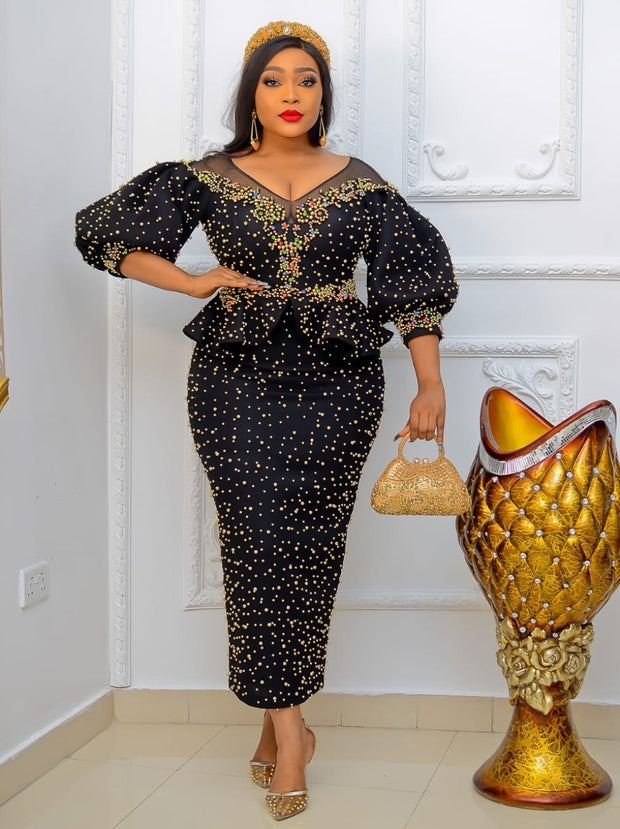 FINAL SALE! Enchanting Beauty Luxe- Mesh Peplum Dress with 3D Gemstone/Beads (CLEARANCE OUTLET! Final Sale/No Return/No Exchange!)