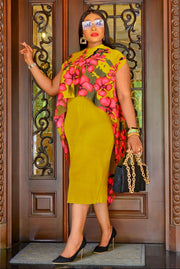 Affluent Queen Vibes- 2pc Floral Miyaki Shawl Top/Midi Dress SET (NEW)