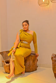 Gina Luxe- Draping Rhinestone Ruffle Slit Dress (NEW)