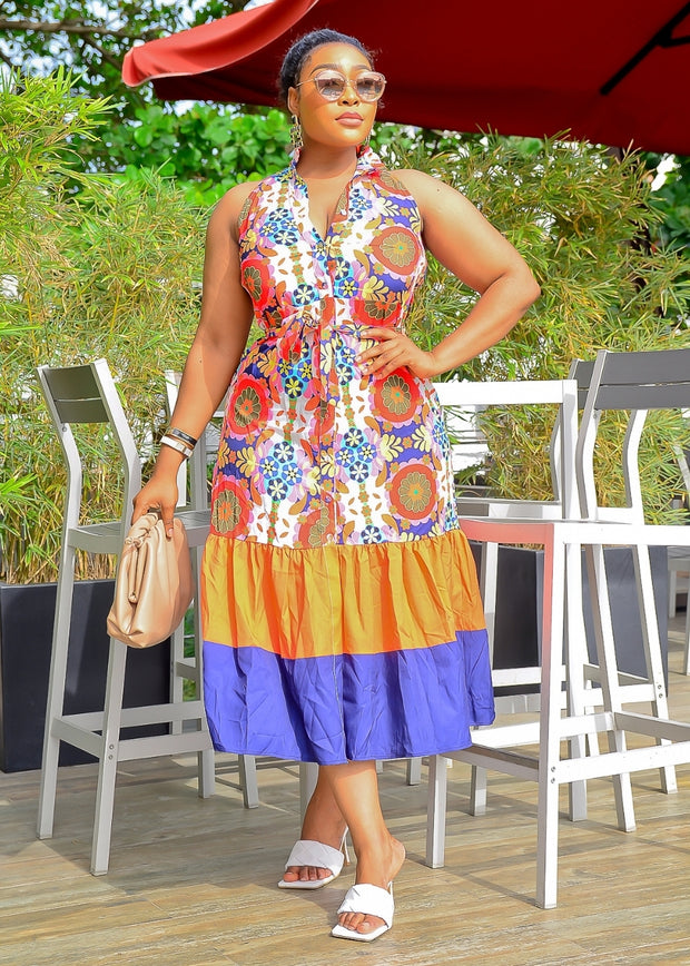 Floral Paradise- Halter Ruffle Midi Dress (New)