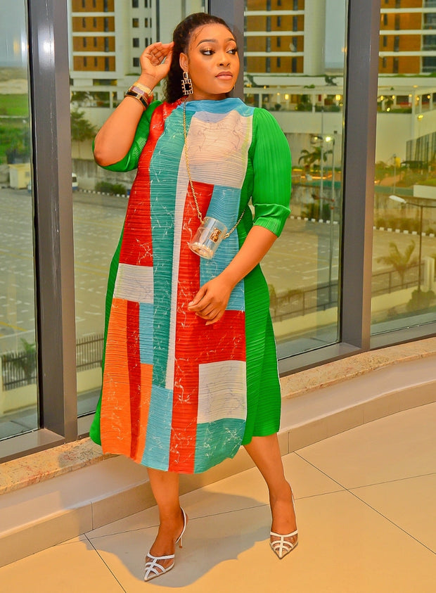 Queenie RED- Pleats Colorblock Dress (NEW)