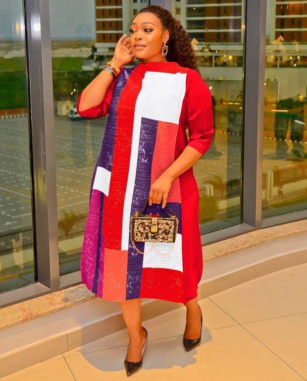 Queenie RED- Pleats Colorblock Dress (NEW)