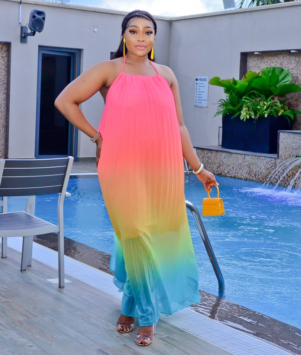 FINAL SALE! Hot Summer Beauty- Halter Pleated Ombre Maxi Dress (NEW) (CLEARANCE OUTLET! Final Sale/No Return/No Exchange!)