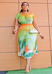 Latanya Pleats- Floral Mesh Tshirt and LONG Pleated Skirt Set GREEN (New)