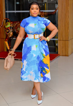 Latanya Pleats- Floral Mesh Tshirt and LONG Pleated Skirt Set BLUE (New)