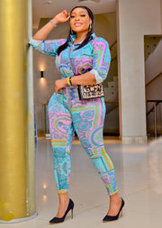 Lana Floral- 2pcs Collar Blouse and Leggings Set (New)