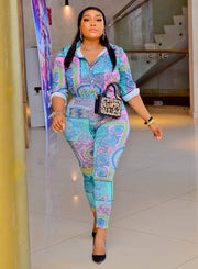 Lana Floral- 2pcs Collar Blouse and Leggings Set (New)