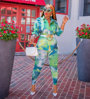Lana Floral- 2pcs Collar Blouse and Leggings Set (New)