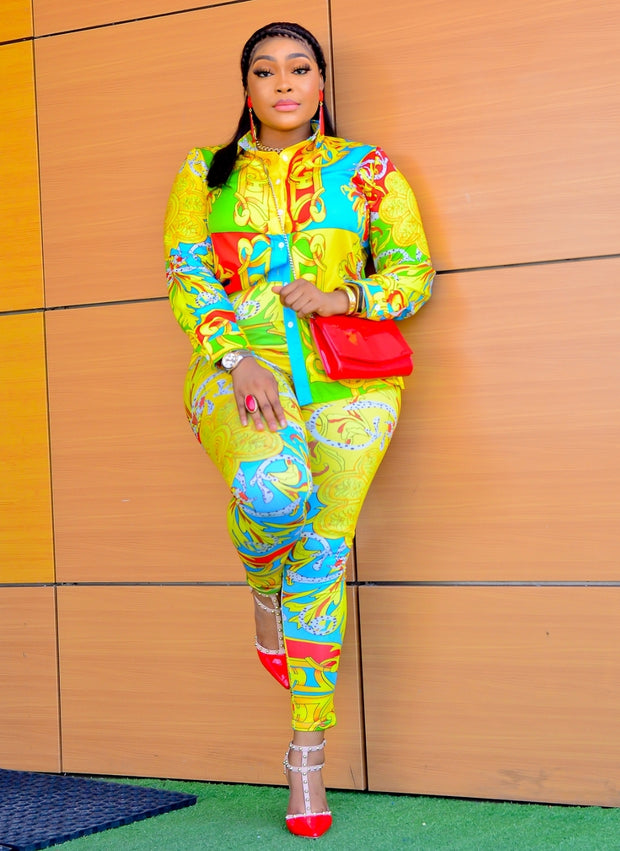 Letoya- 2pcs Collar Blouse and Leggings Set (New)
